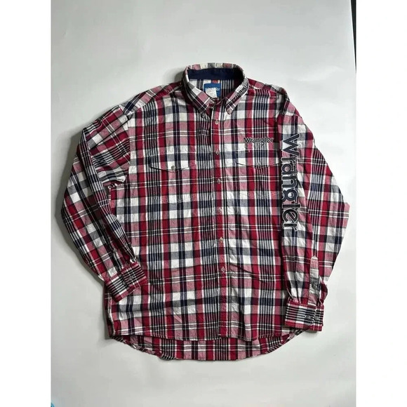 Wrangler Shirt Mens XL Plaid Spellout Patch Logo Western Cowboy Rodeo Button Up - Picture 1 of 7